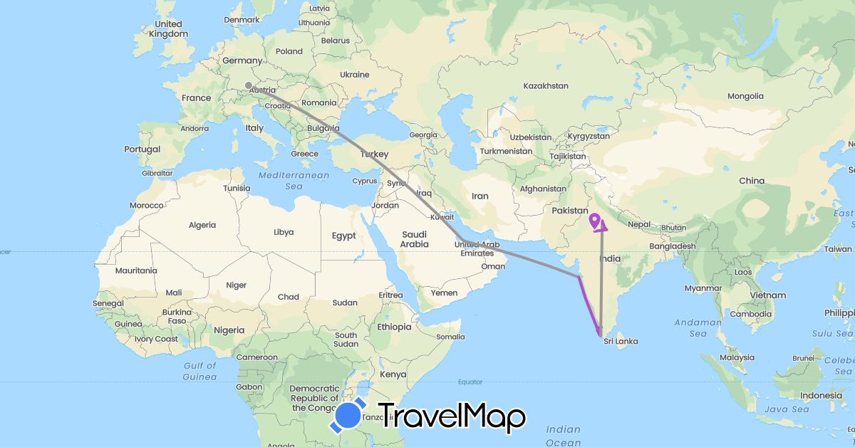 TravelMap itinerary: driving, plane, train in Germany, India, Qatar (Asia, Europe)